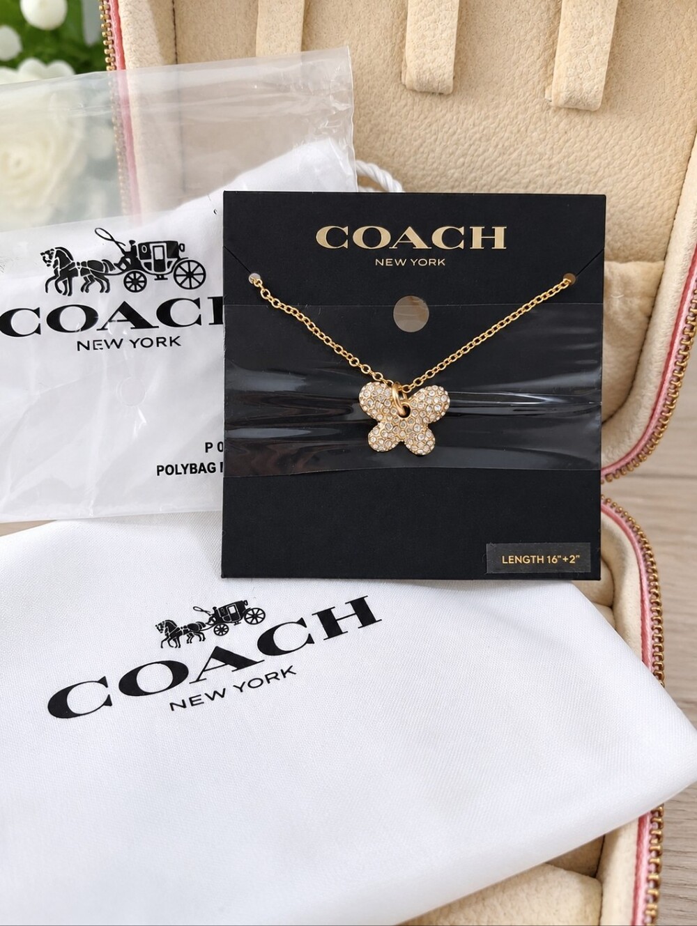 Coach Butterfly Pavé Crystal Gold Pendant Necklace NWT w/ Pink Jewelry Box